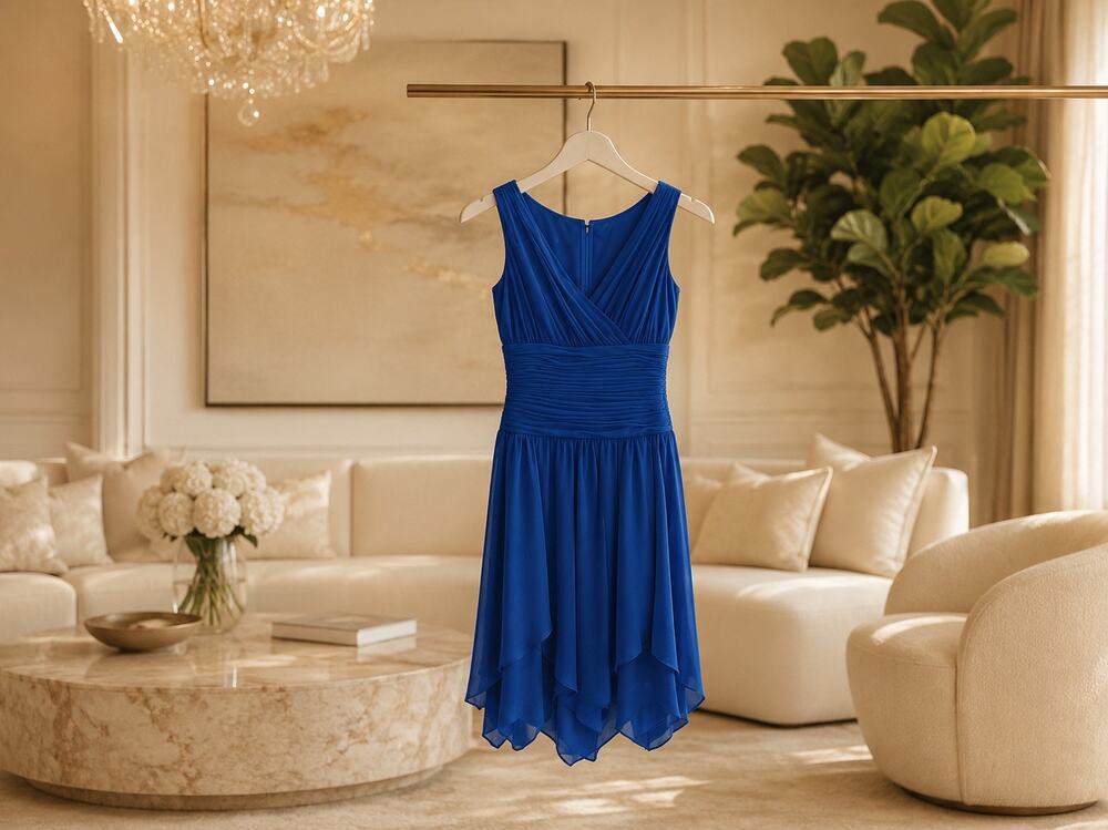 AJ Bari NWT Size 6 Cobalt Blue Chiffon Surplice Handkerchief Hem Cocktail Dress
